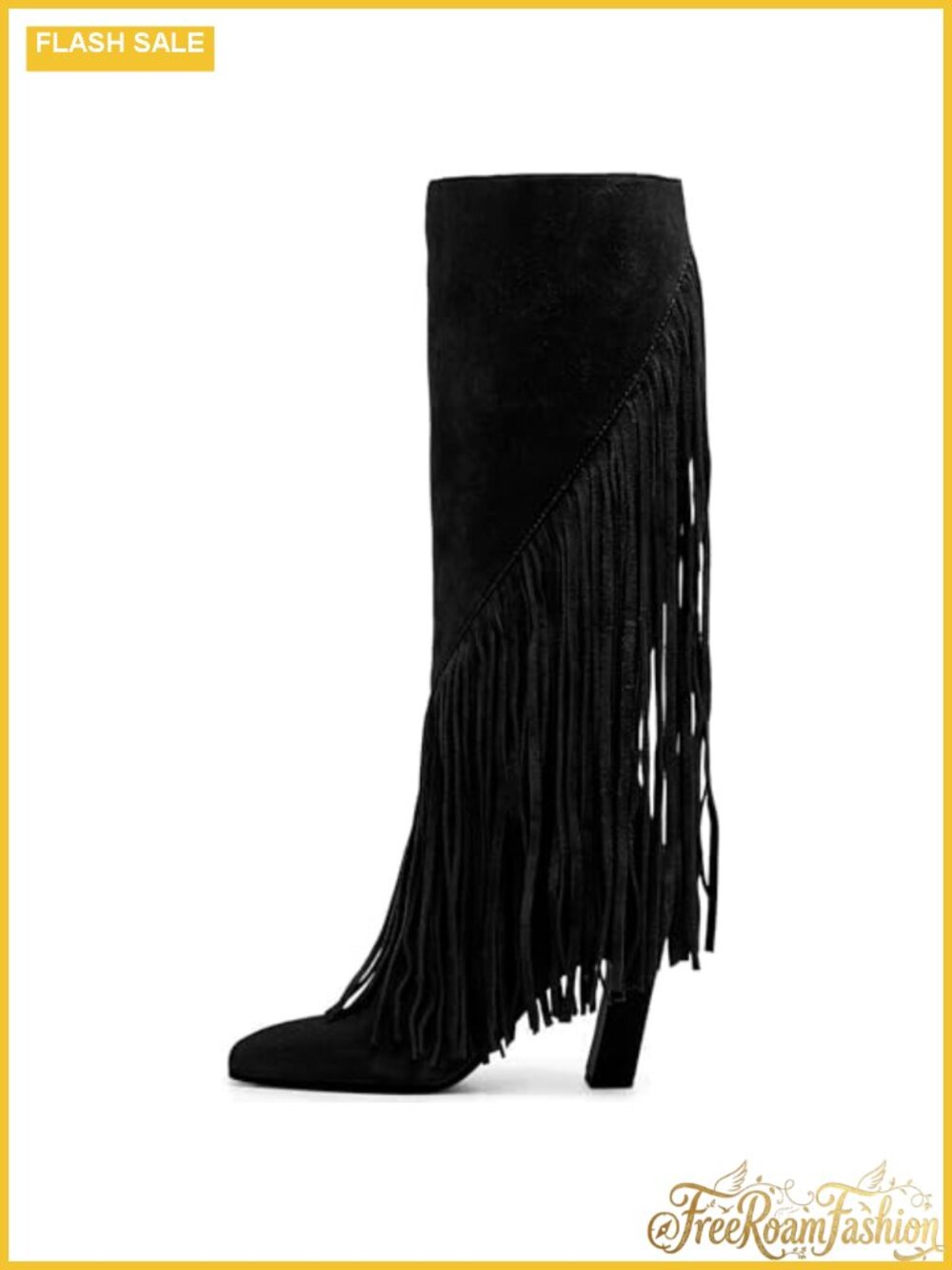 Suede Knee High Boots Tassels Chunky Block Heel Square Toe Full Zip